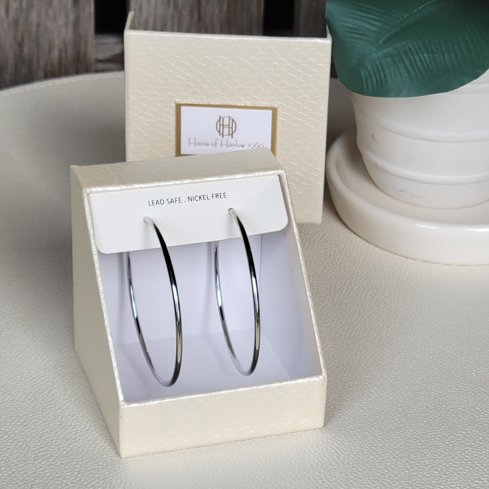 House of Harlow 2" silver tone post back hoops